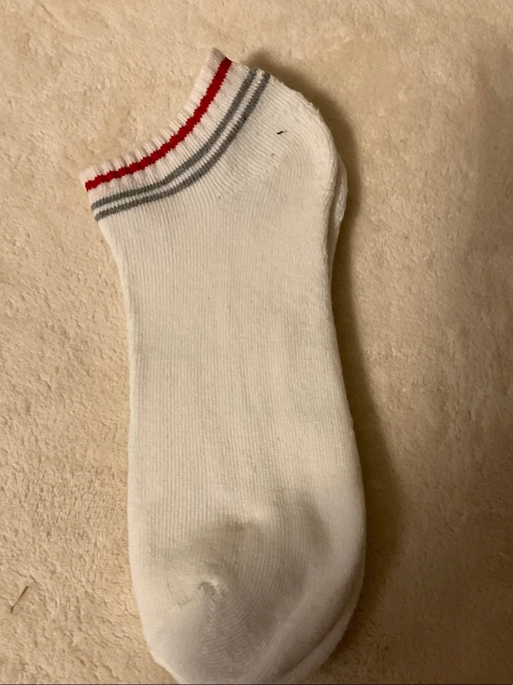 Women's White Ankle Sock with Red and Gray Stripe Detail